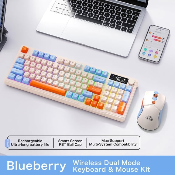 T96 Smart Display Wireless Gaming Keyboard and Mouse Comb, 94Key LED Lighting Rechargeable Silent Membrane Keyboard with Knobs, 2000mAh Battery, 6-Button 4KDPI Mouse for Win/Mac