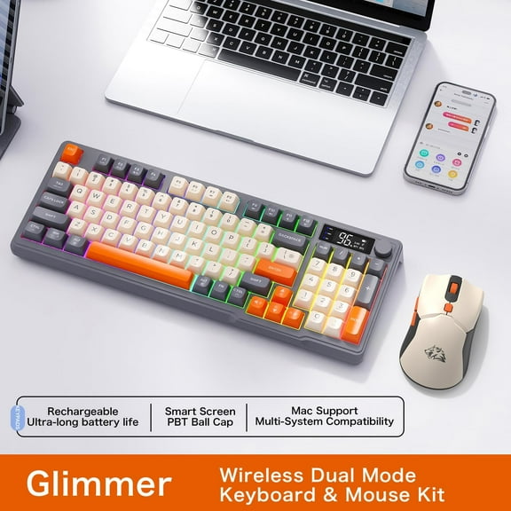 T96 Smart Display Wireless Gaming Keyboard and Mouse Comb, 94Key LED Lighting Rechargeable Silent Membrane Keyboard with Knobs, 2000mAh Battery, 6-Button 4KDPI Mouse for Win/Mac(Glimmer)
