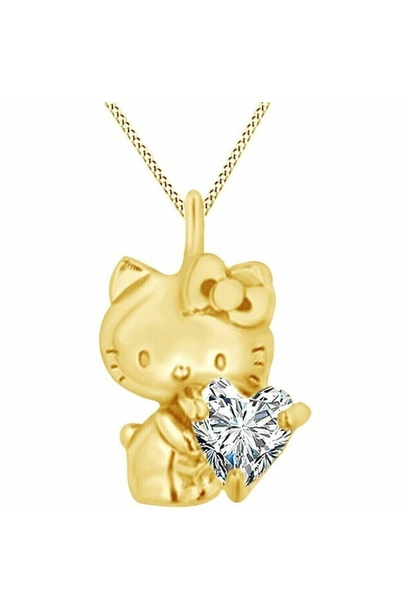 0.50 Ct Heart Shape Natural Moissanite Hello Kitty Pendant 14K Yellow Gold Plated