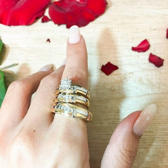 TAAPSEE JEWELS 14K Gold Finish CZ Trio Engagement Ring His Hers Wedding Band Set Matching