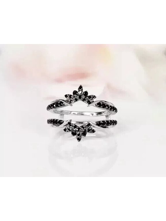 14K White Gold Finish Women's Enhancer Wedding Wrap Ring in Round Cut Black Cubic Zirconia