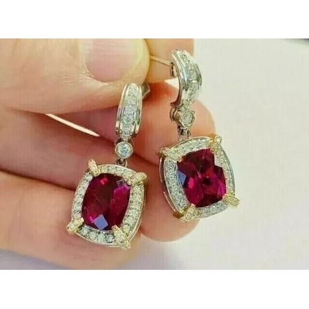 TAAPSEE JEWELS 14K White Gold Plated Cushion Cut Lab-Created Red Ruby Women's Dangle Push Back Earrings
