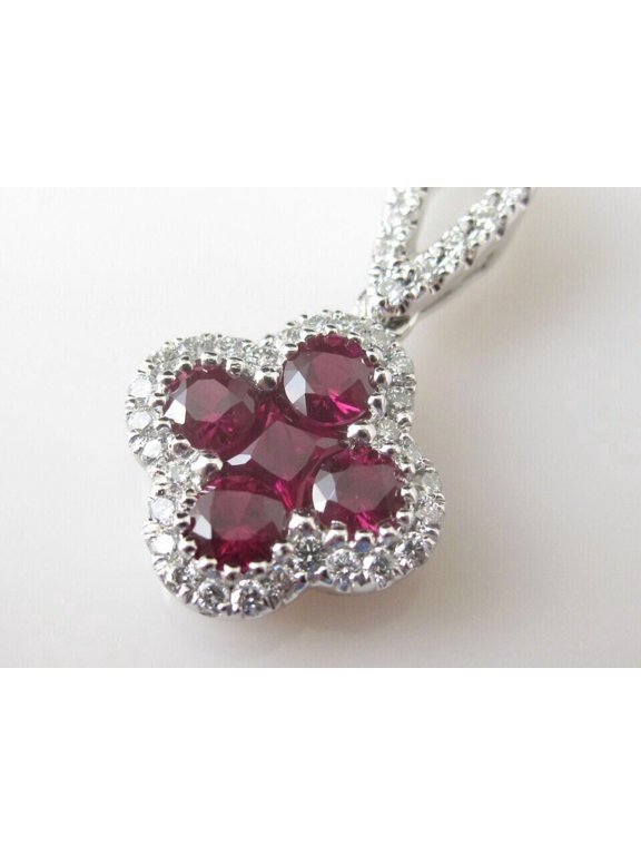 14K White Gold Plated Round cut Red Ruby Clover Halo Pendant Free Chain