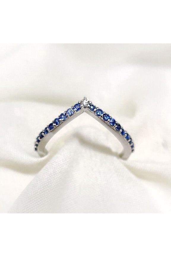 14K White Gold Plated V Shaped Wedding Band Ring Round Cut Blue Sapphire