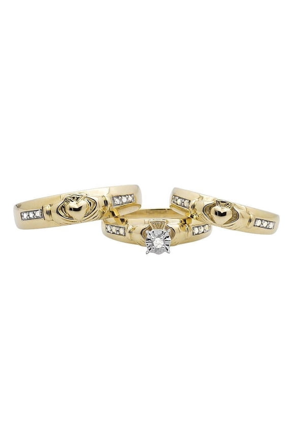 14K Yellow Gold Finish 0.25 Ct CZ Claddagh Wedding Band Ring Trio Set