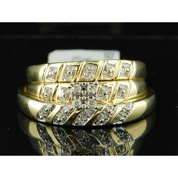 TAAPSEE JEWELS 14K Yellow Gold Finish Mens Ladies CZ Engagement Ring Wedding Band Trio Bridal Set