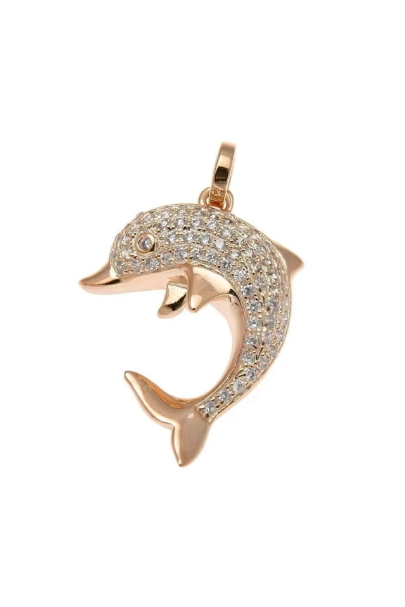 14K Yellow Gold Plated 2 Ct Round Cut Cubic Zirconia Ocean Dolphin Pendant Chain Silver