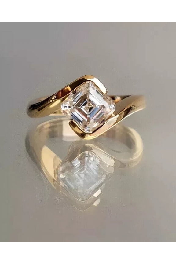 14K Yellow Gold Plated Asscher Cut Cubic Zirconia Solitaire Engagement Ring