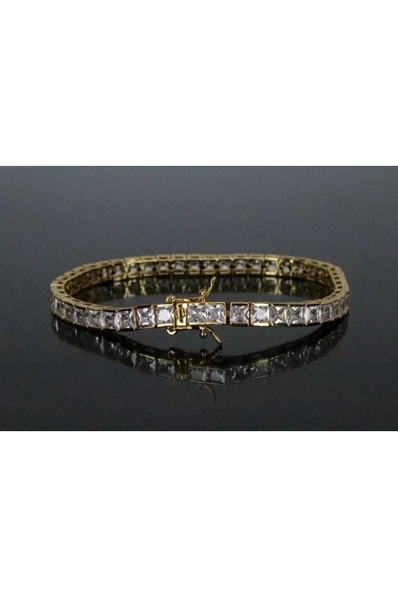 14K Yellow Gold Plated Princess Cut Cubic Zirconia Women's Tennis Bracelet