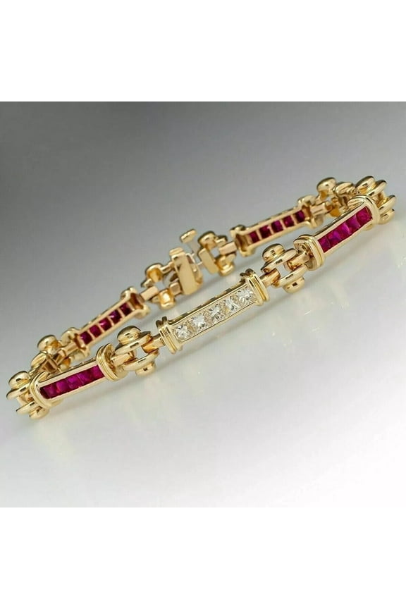 14K Yellow Gold Plated Princess Ruby & Diamond Women's Tennis Link Bracelet