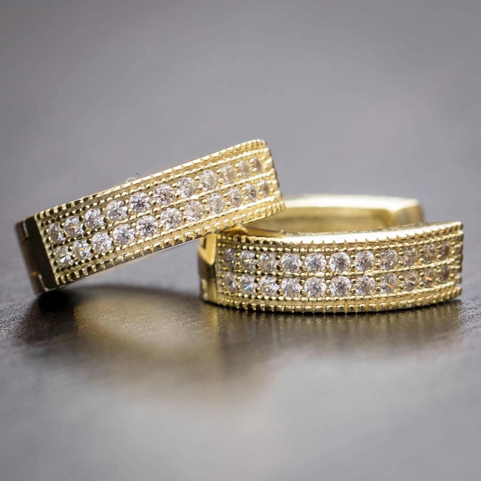 TAAPSEE JEWELS 14K Yellow Gold Plated Two Row Huggie Hoops Earrings For Men White Diamond