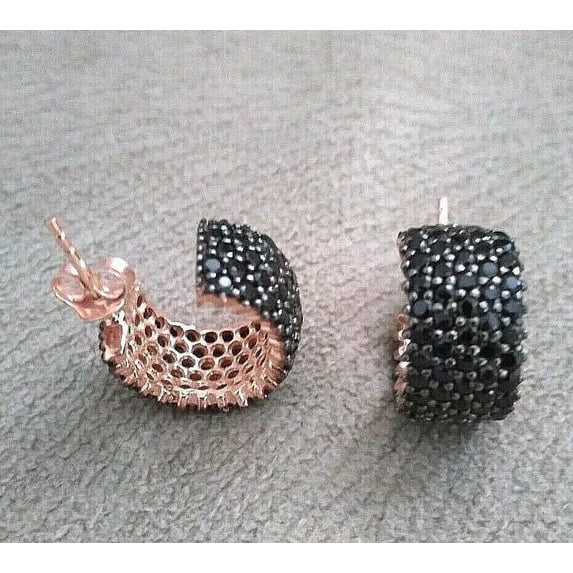 TAAPSEE JEWELS 14k Rose Gold Plated Black Cubic Zirconia Women's Huggie Hoop Earrings Silver
