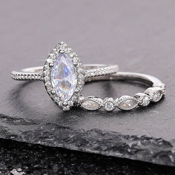 TAAPSEE JEWELS 14k White Gold Finish Women Cubic Zirconia Marquise Cut Engagement Bridal Ring Set