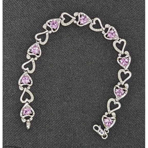 TAAPSEE JEWELS 14k White Gold Plated Heart Cut Lab Created Pink Sapphire Tennis Link Women Bracelet
