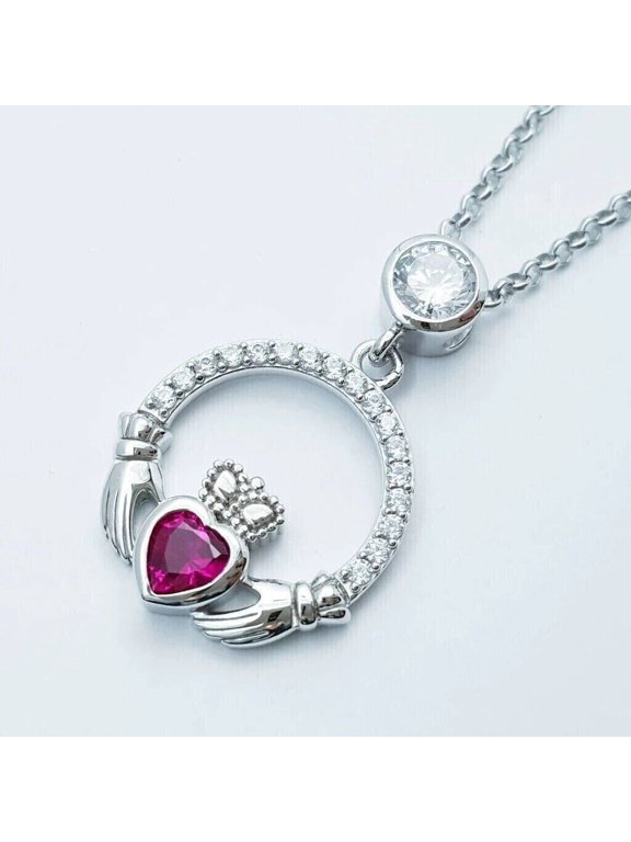 14k White Gold Plated Heart Cut Red Ruby Women's Pendant Free Chain