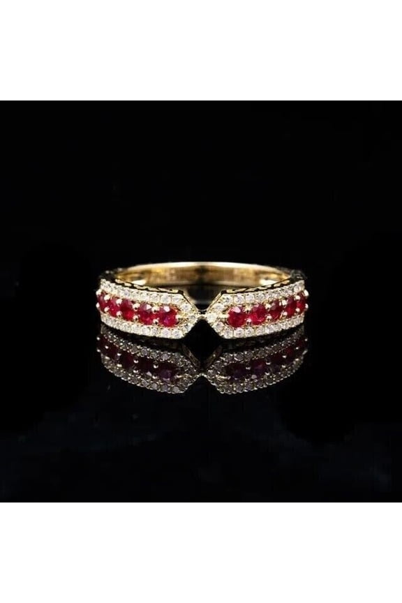 14k Yellow Gold Finish Anniversary Band Round Cut Lab Created Ruby Women's Pretty Ring