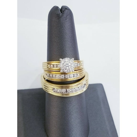 TAAPSEE JEWELS 14k Yellow Gold Finish CZ Ring Set Trio Wedding Band His Her Set
