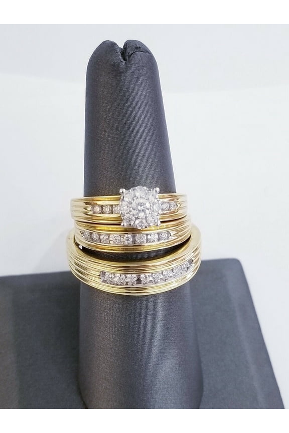 14k Yellow Gold Finish CZ Ring Set Trio Wedding Band His Her Set