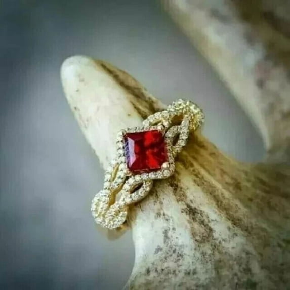 TAAPSEE JEWELS 14k Yellow Gold Finish Princess Cut Red Cubic Zirconia Engagement Women Wedding Band Ring