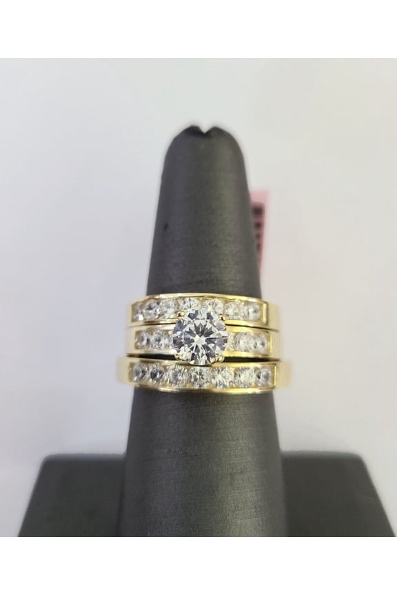 14k Yellow Gold Finish Ring Set Trio Wedding Band His Her Set Casual Wedding