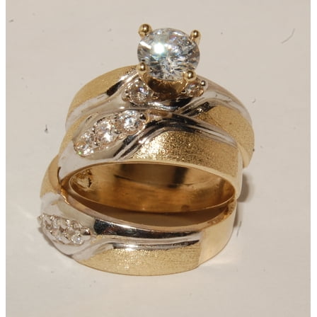 TAAPSEE JEWELS 14k Yellow Gold Finish Wedding Bands & Engagement ring Man's & ladies Trio Set His/Hers