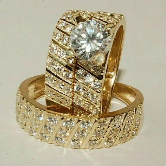 TAAPSEE JEWELS 14k Yellow Gold Plated His & Her Trio Wedding Ring Set Round Cut Cubic Zirconia Silver