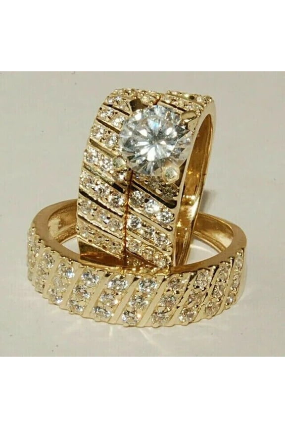 14k Yellow Gold Plated His & Her Trio Wedding Ring Set Round Cut Cubic Zirconia Silver