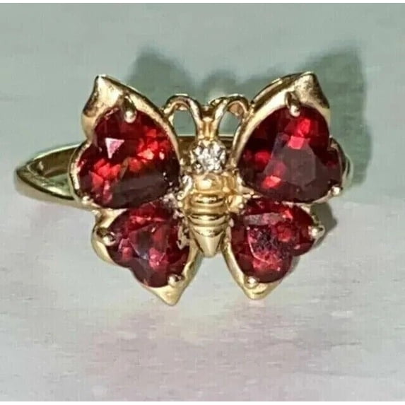 TAAPSEE JEWELS 14k Yellow Gold Plated Women's Cocktail Butterfly Ring Heart Lab Created Red Garnet