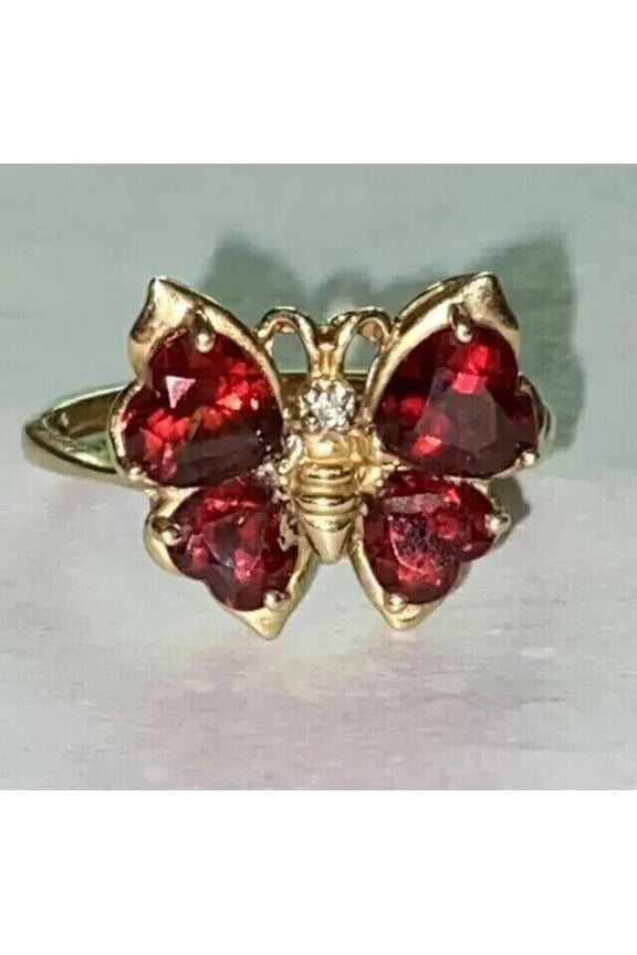 14k Yellow Gold Plated Women's Cocktail Butterfly Ring Heart Lab Created Red Garnet