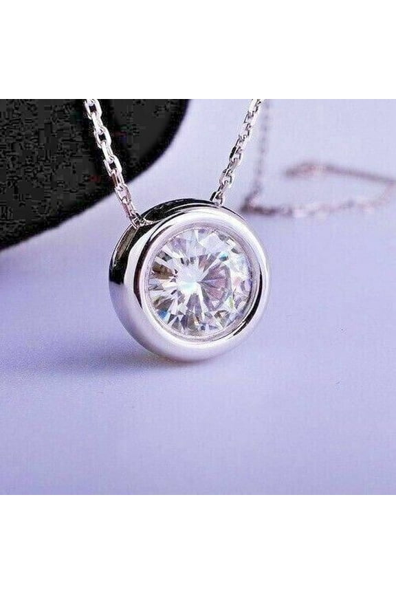 2CT Bezel Set Solitaire Pendant Necklace Round Cut Cubic Zirconia 14K White Gold Plated