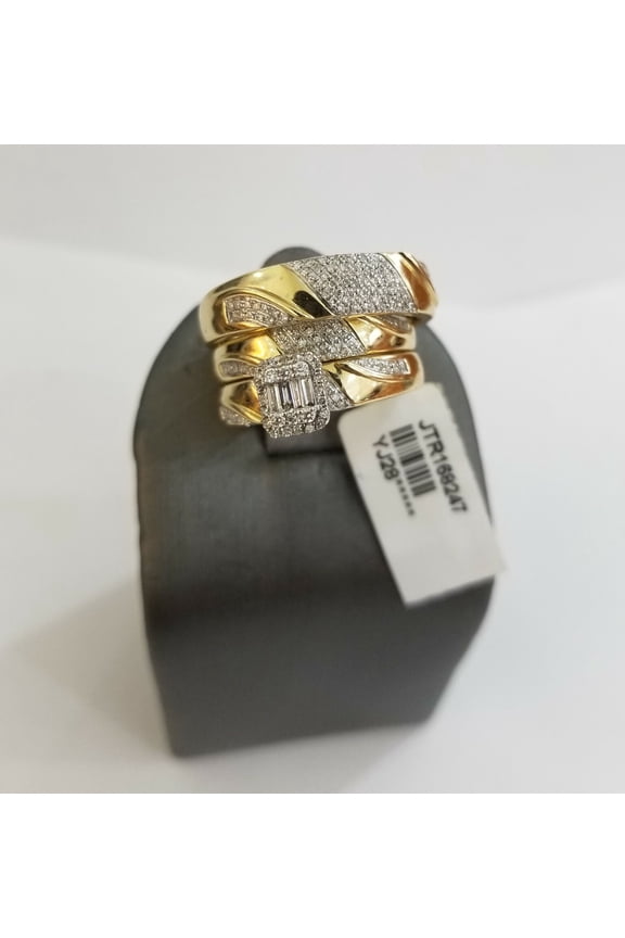 Men Women 14k Yellow Gold Finish CZ Ring Set Trio Wedding Band