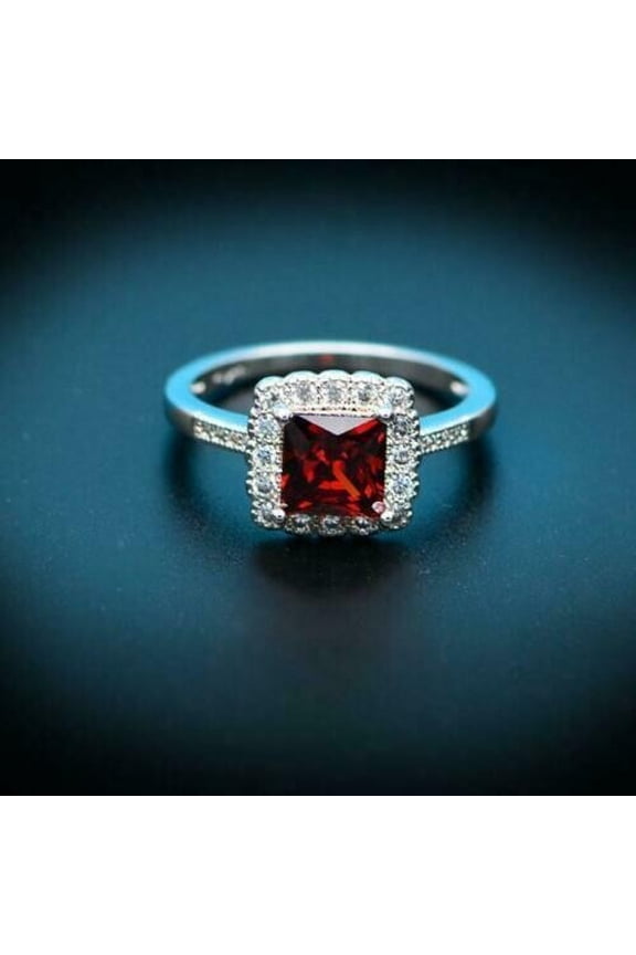 2Ct Princess Cut Lab Created Red Ruby Women Engagement Halo Ring 14k White Gold Finish
