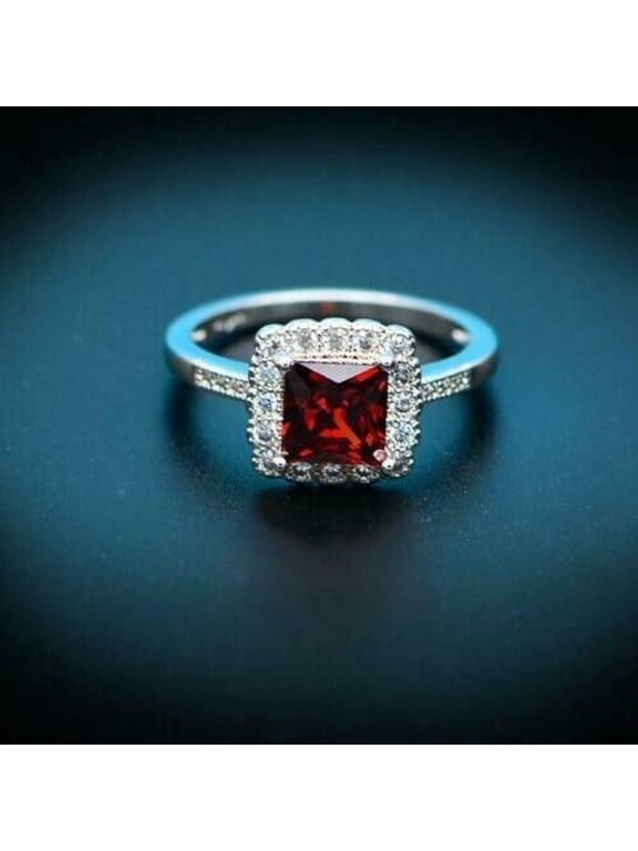 2Ct Princess Cut Lab Created Red Ruby Women Engagement Halo Ring 14k White Gold Finish
