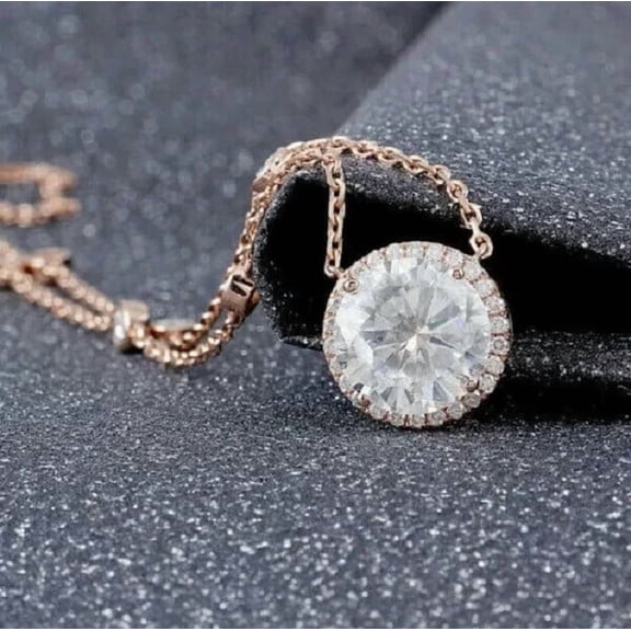 TAAPSEE JEWELS 2Ct Round Cut Cubic Zirconia Halo Pendant Necklace Women 14K Rose Gold Finish Silver 18"