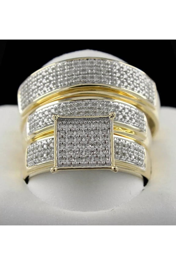 3.00 Ct CZ 14K Yellow Gold Plated His & Her Trio Wedding Ring Set