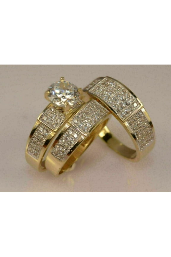 3 Ct Round CZ His Her Wedding Trio Ring Set 14K Yellow Gold Over