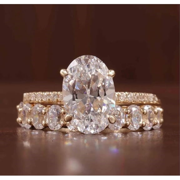 TAAPSEE JEWELS 3CTW Oval Cut CZ Bridal Set Engagement Ring 14K Yellow Gold Plated