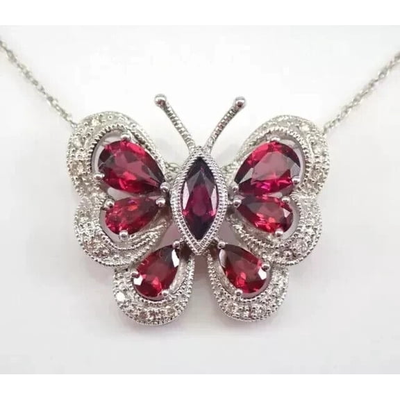 TAAPSEE JEWELS 3Ct Pear Lab Created Red Ruby Butterfly Women's Pendant Necklace 14K White Gold Plated 18"