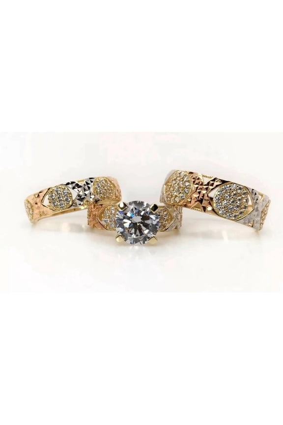 925 Silver Tri-Color Gold Plated CZ Trio Engagement Wedding Ring