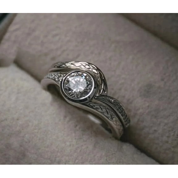 TAAPSEE JEWELS Art Deco Round Cut CZ Filigree Wedding 925 Silver Bridal Ring Set