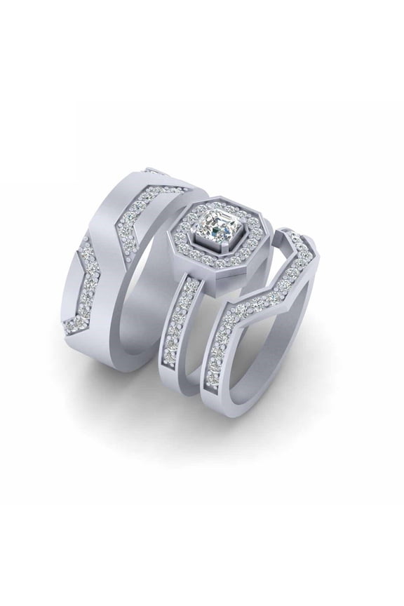 Asscher Cut CZ Halo Engagement Ring Eternity Band Set For Couple