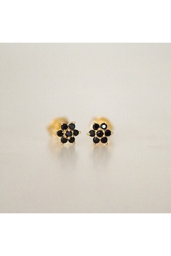 Black Round Cut Diamond Tiny Flower Stud Earrings 14K Yellow Gold Plated Silver