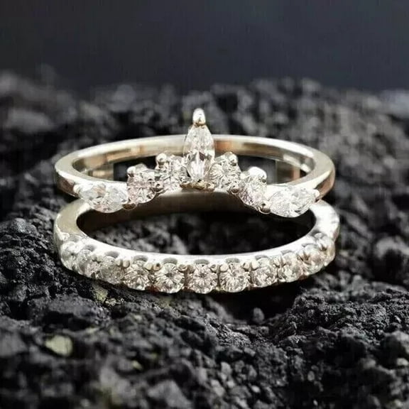 TAAPSEE JEWELS Classy Enhancer Ring Guard 14k White Gold Plated Marquise Cut Cubic Zirconia