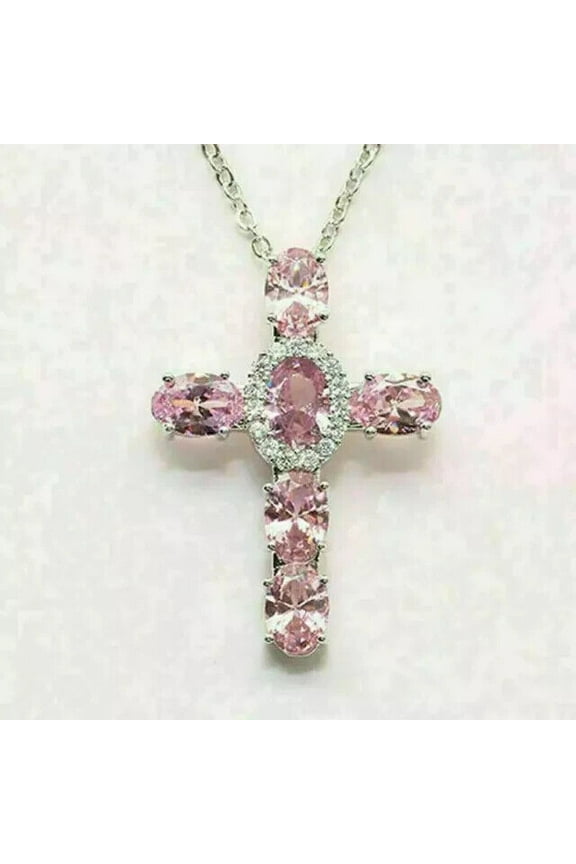 Cross Pendant Necklace For Women in Oval Cut Pink Sapphire 14K White Gold Plated 18"