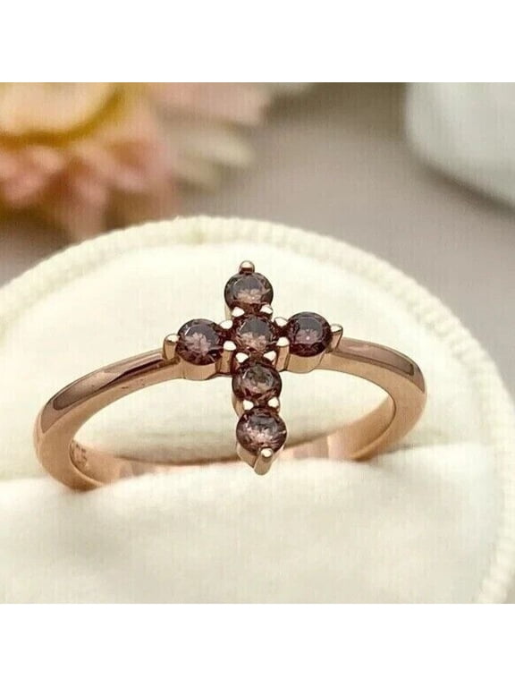 Cross Wedding Ring Round Cut Chocolate Cubic Zirconia Women 14K Rose Gold Plated Silver