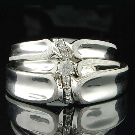 TAAPSEE JEWELS Cubic Zirconia Round Cut 14K White Gold Plated Wedding His & Her Trio Ring Set