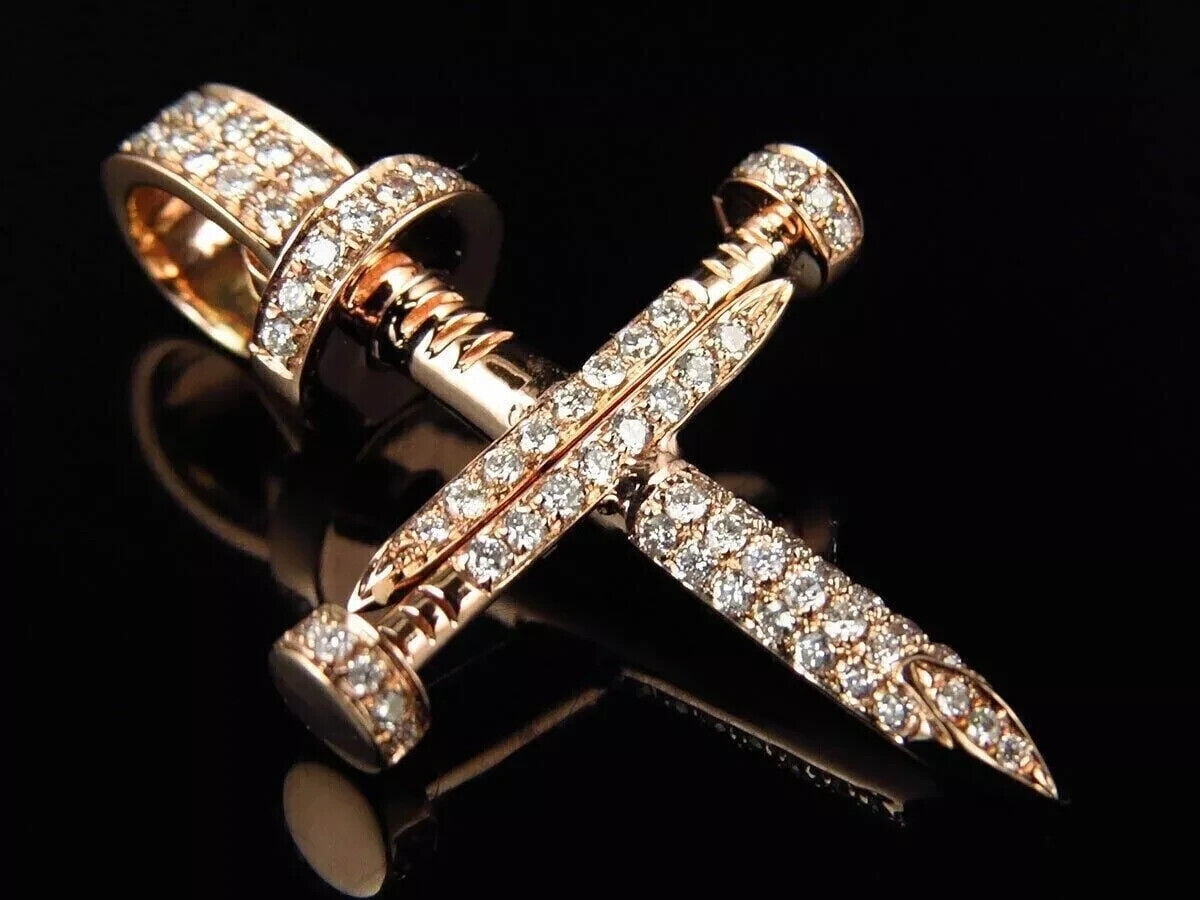 TAAPSEE JEWELS Cubic Zirconia Round Cut 14k Rose Gold Finish Nail Cross Pendant for Women