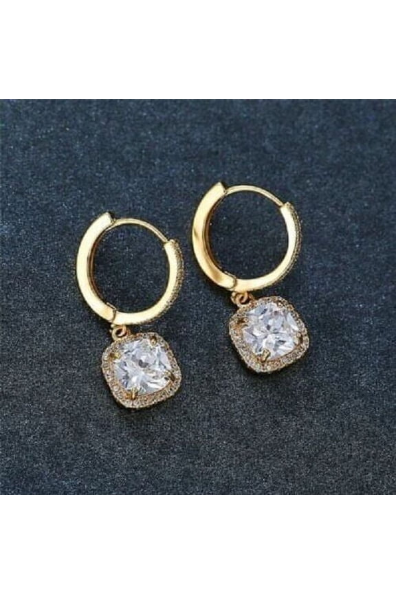 Cushion Cubis Zirconia 14K Yellow Gold Finish Women's Drop & Dangle Hoop Earrings