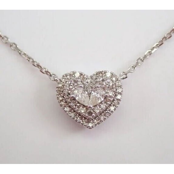 TAAPSEE JEWELS Double Halo Heart Pendant Necklace Pear Cut Cubic Zirconia 14K White Gold Plated Free Chain 18''