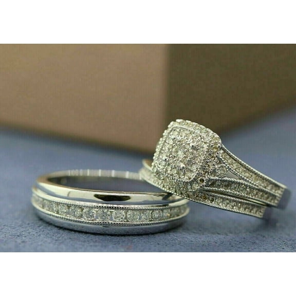 TAAPSEE JEWELS Engagement Bridal His/Her Trio Ring Set 3Ct CZ 925 Sterling Silver